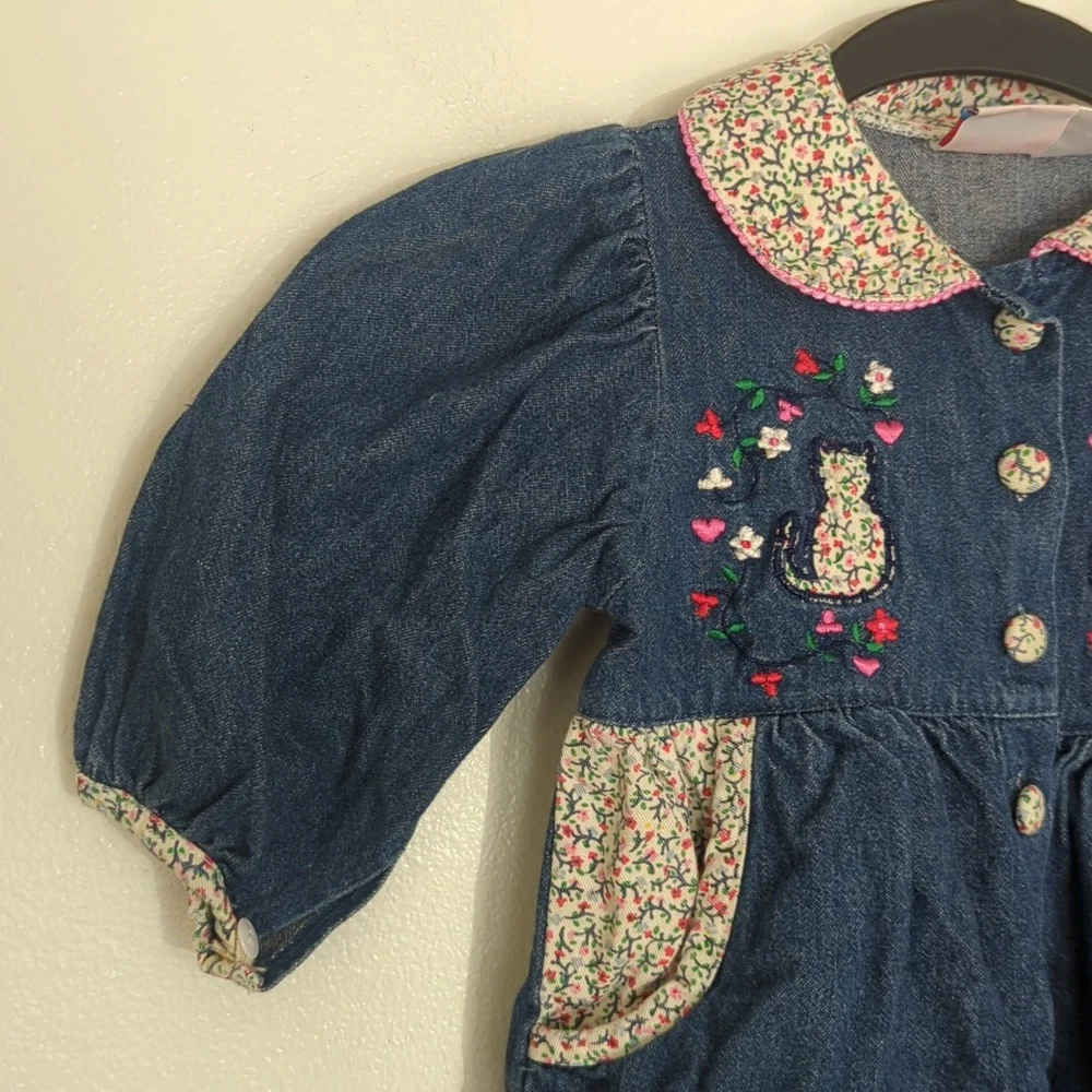 🌸Vintage‎ Hush Puppies Denim Floral Embroidered Cat One Piece Outfit Size 18 Mo